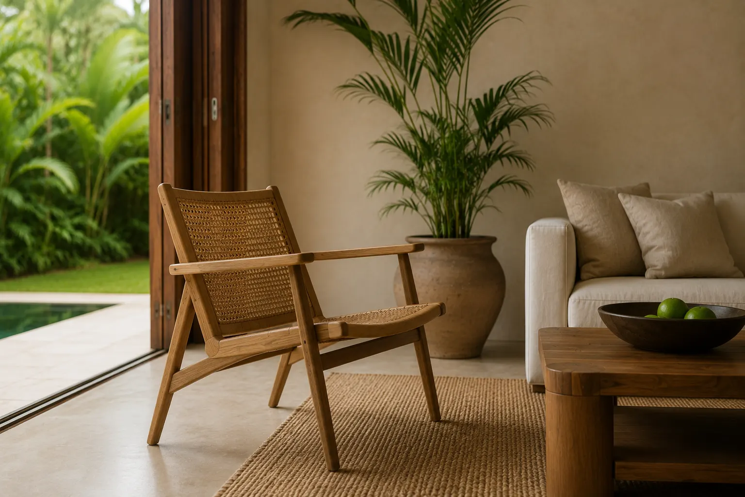Honest natural materials for a tropical minimal living room including timber, linen, stone, and woven texture