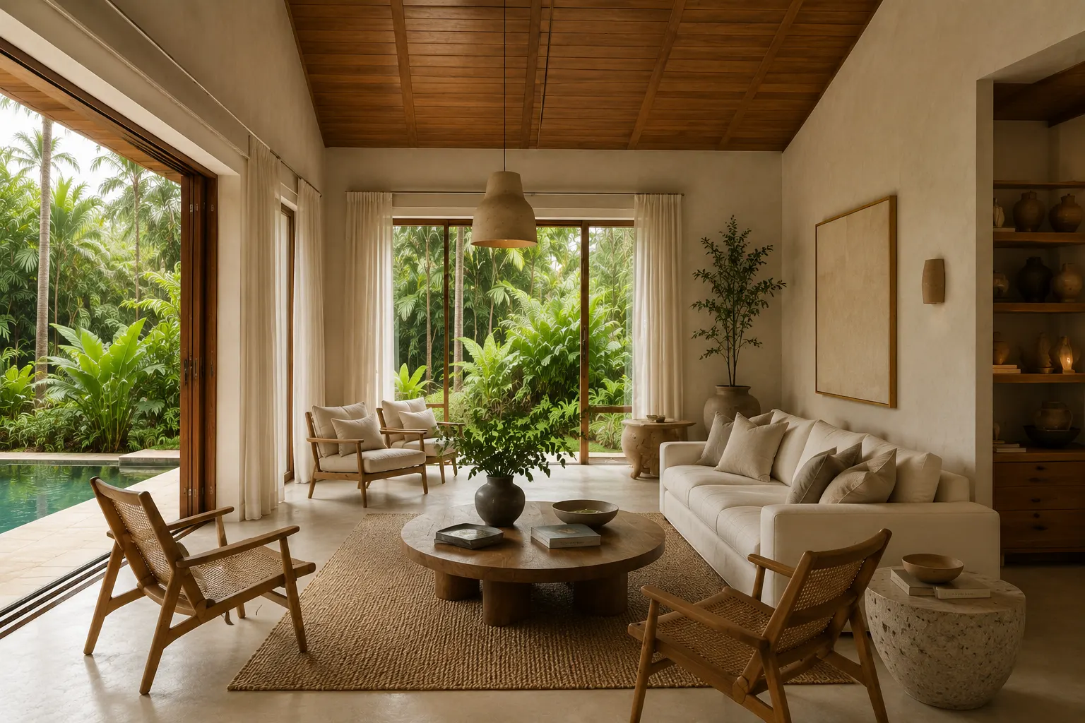 A tropical minimal living room with warm neutral tones and natural textures
