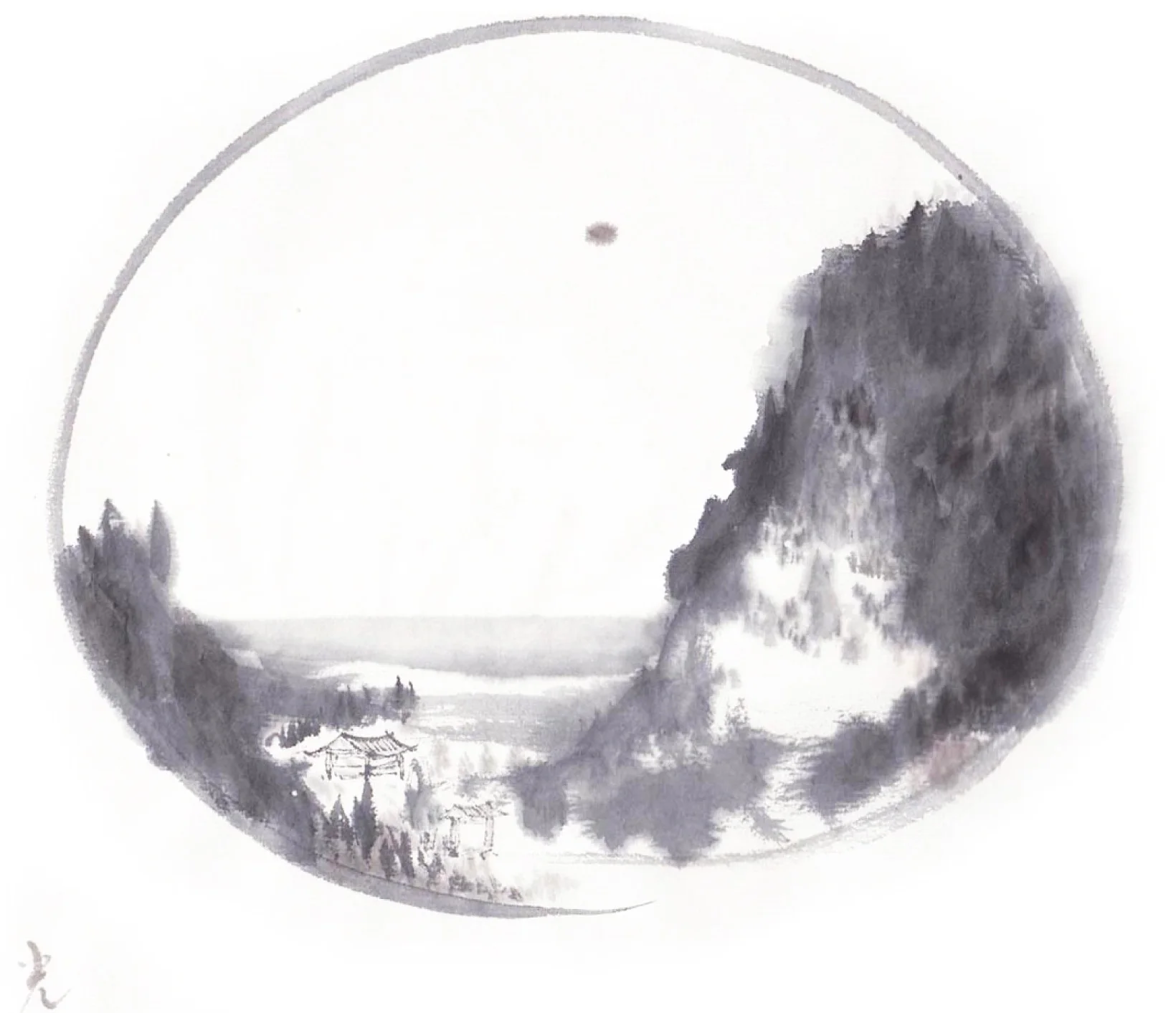 A monochrome circular calligraphic landscape by Jyoti Naoki Eri