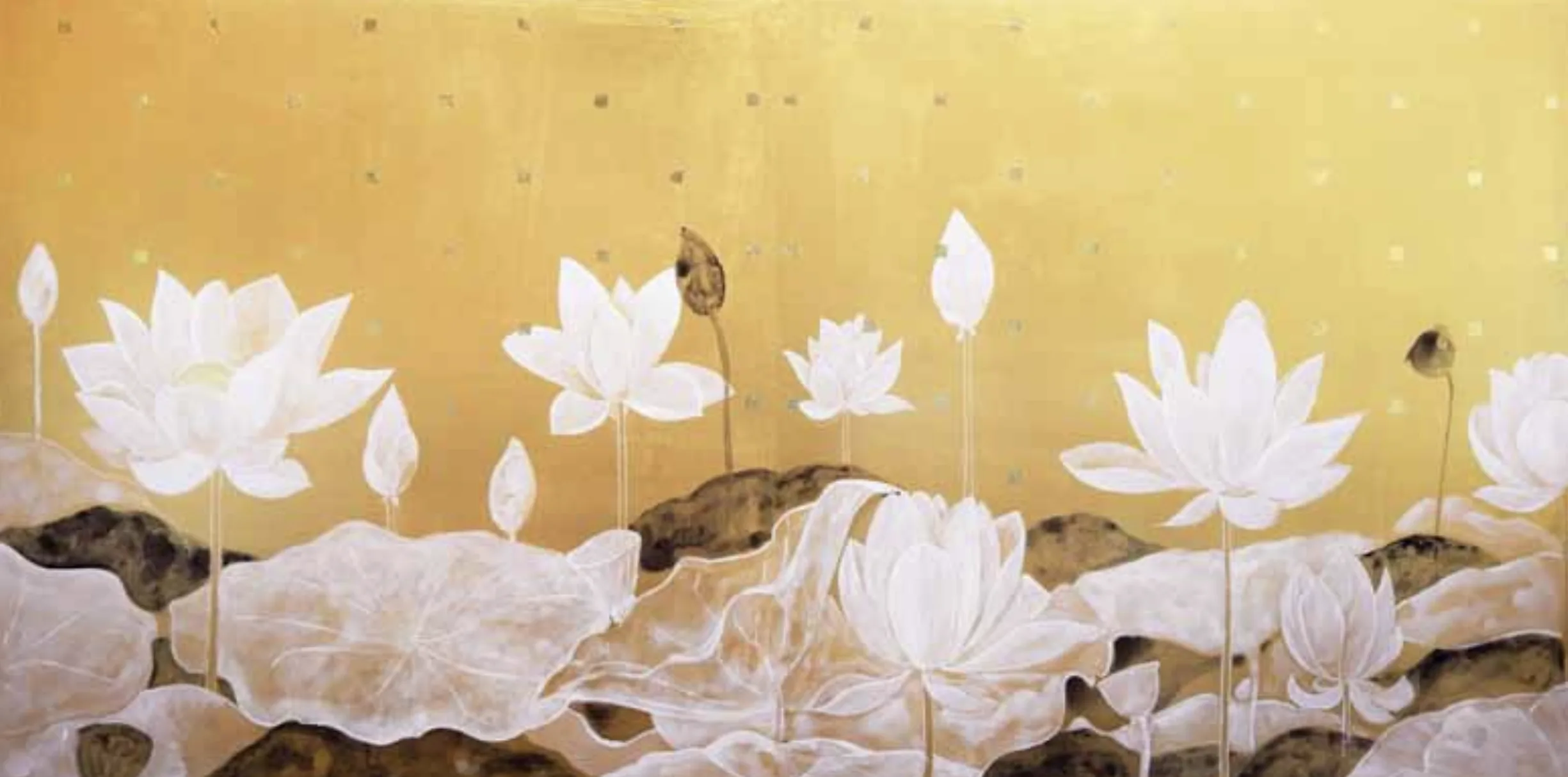 A gold-toned artwork of white lotus flowers by Jyoti Naoki Eri