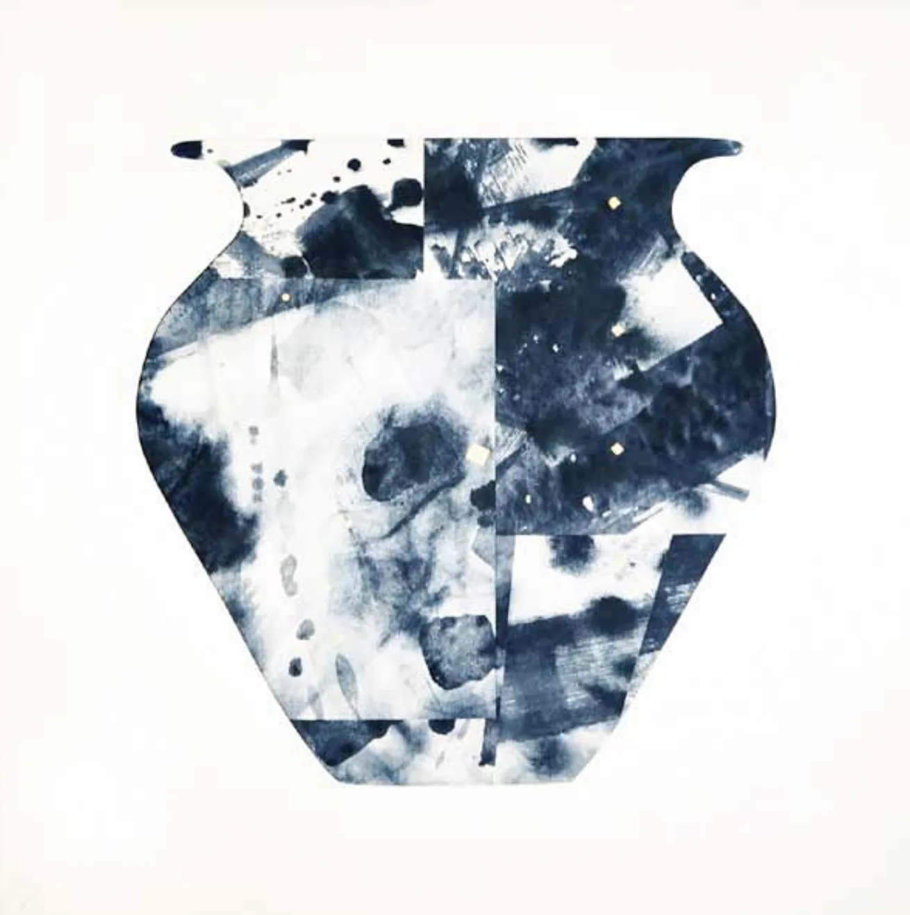 An abstract blue and white vessel-shaped work by Jyoti Naoki Eri
