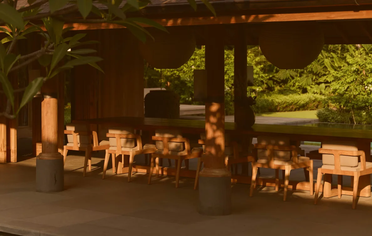 Rumah Rubah in Bali with a shaded living space opening to tropical planting