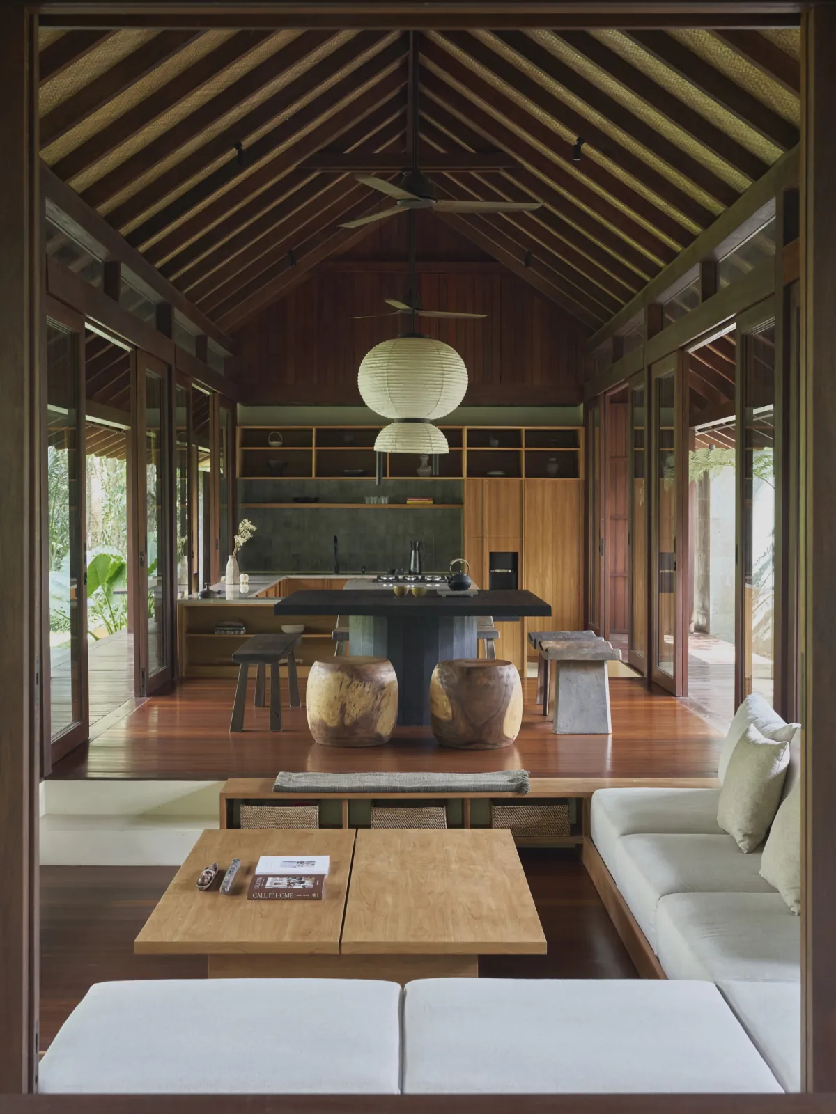 Bangkirai timber interior and woven karpet lontar ceiling at Rumah Haruku