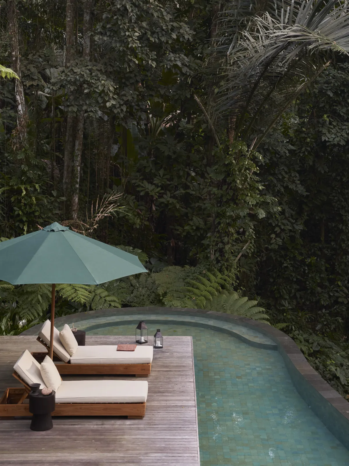 Swimming pool surrounded by tropical planting at Rumah Haruku in Pejeng, Bali