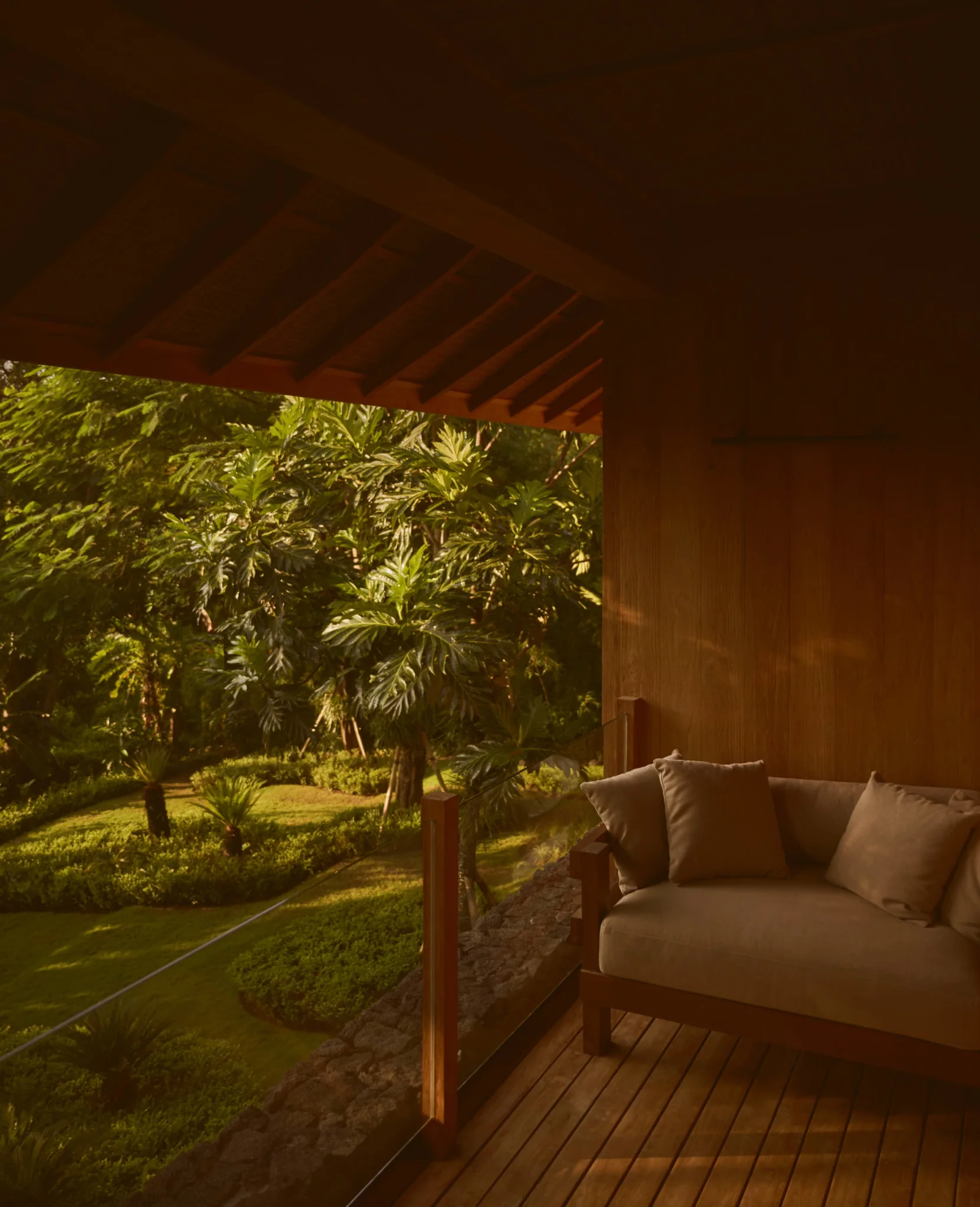 Portrait view of Rumah Rubah framed by tropical foliage