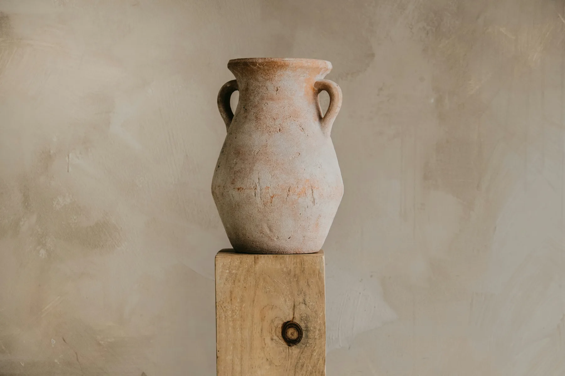 A tropical minimal interior with warm timber, pale plaster, and soft daylight
